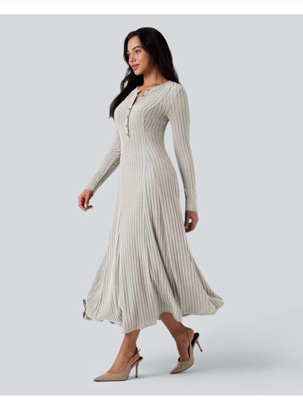 Halara Ribbed Henley Midi Dress in Light Gray - Picture 3 of 6